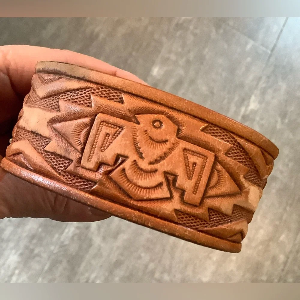 Tooled Leather Western Belt with Bull Concho , up to 8 1/2” wrist